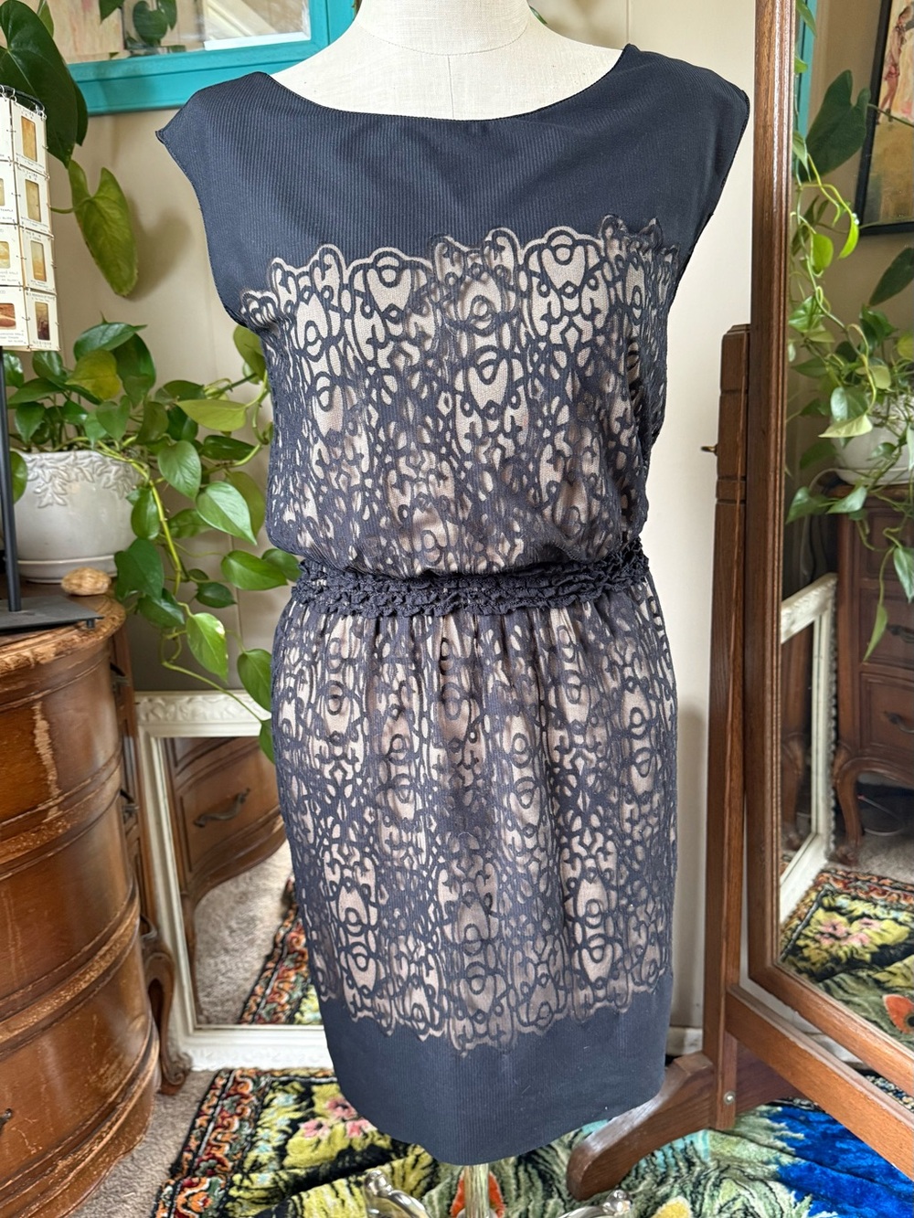 Studio M Black Lace Overlay Midi Dress with Nude Lining, Medium